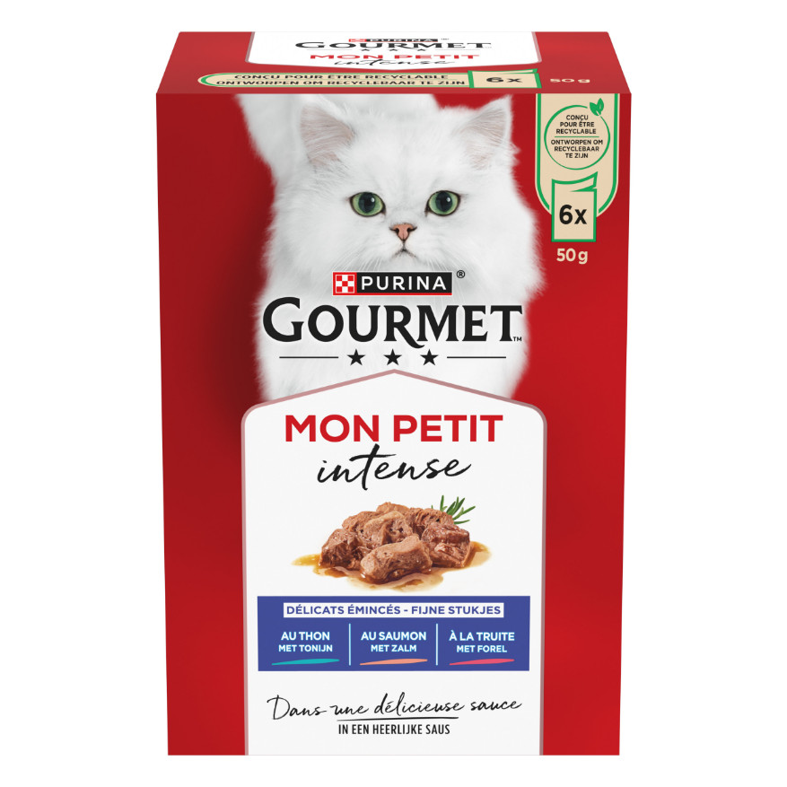 Gourmet Mon Petit Intense mit Thunfisch, Lachs oder Forelle Nassfutter Katze